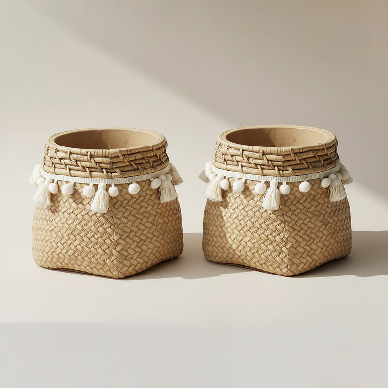 Brown Woven Concrete Planter, Basket Weave Cement Planter with Tassel Decor
