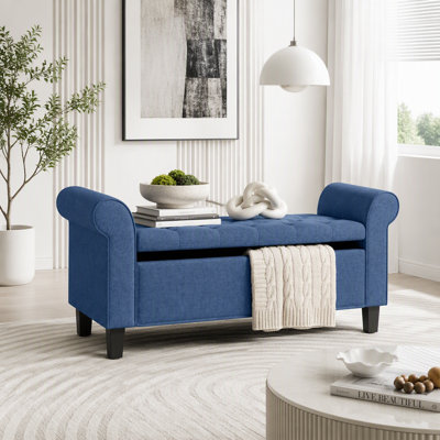 Banc ottoman de rangement de 119 cm, long pouf capitonné avec coffre de rangement, accoudoirs arrondis, charnière de sécurité, pieds en bois, banc de bout de lit rembourré