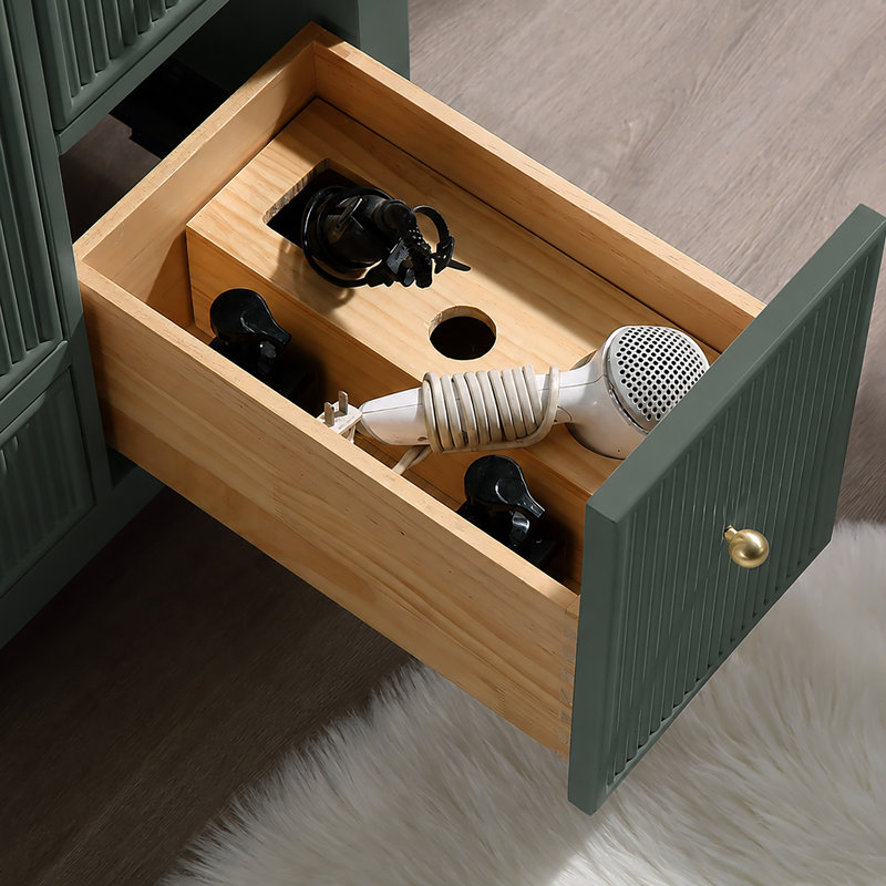 Meuble-lavabo Corena de 91 cm en chêne massif avec comptoir en marbre reconstitué, 4 tiroirs à fermeture amortie et lavabo encastré.