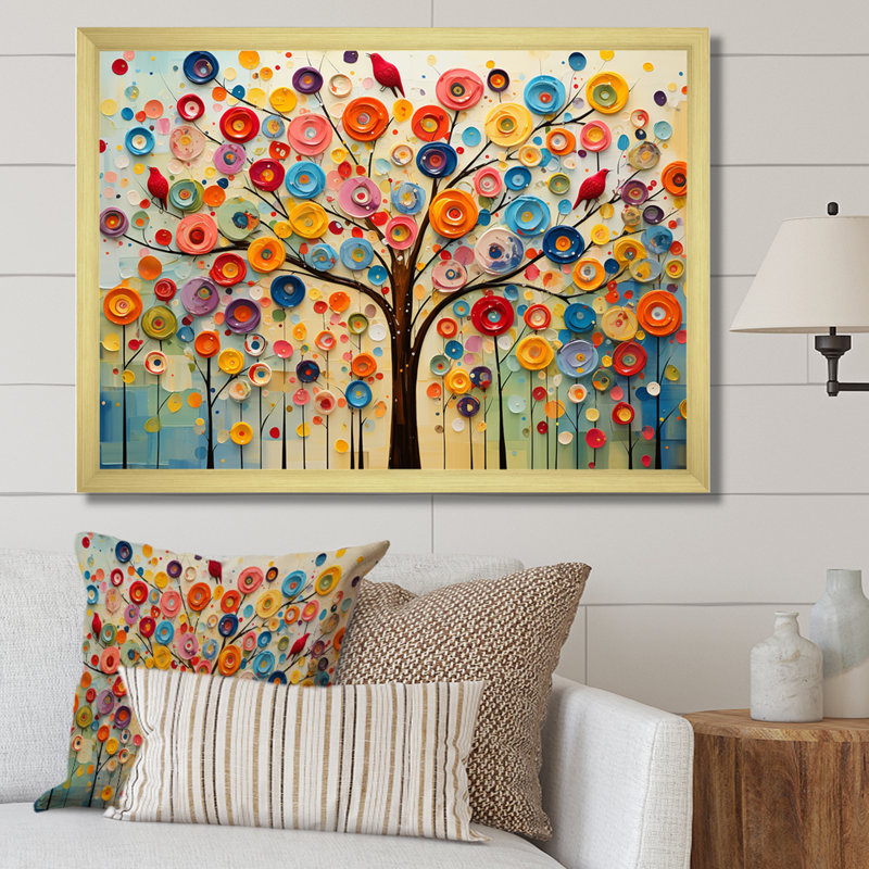 Arbre abstrait coloré 3 - Art mural africain, H 12 po x l 20 po x P 1 po, Cadre doré à coins fermés