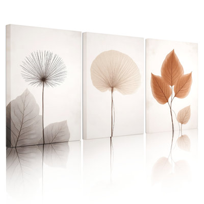 Minimalist Dandelion and Leaf Print Canvas Wrapped Wall Art, Nature-Inspired Oil Painting Print (Set of 3)