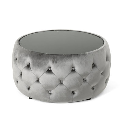 Fashionable Smoke Velvet With Button Tufting & Glass Top, 30X30x14.41 Inches Gorgeous Button- In 30" W X D 14.41" H,
