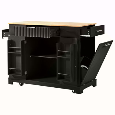 Fluted Kitchen Island With Trash Can Storage Cabinet, Power Outlet, Internal Storage Rack, Rolling Kitchen Islands On 5 Wheels With 3 Drawer, 3 Open Side Racks For 10 Gallon Garbage Bin, Black