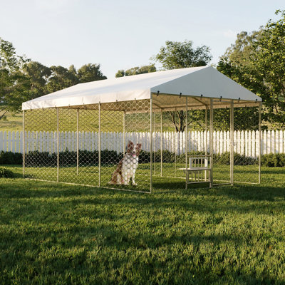 15x10 FT Large Outdoor Dog Kennel with Canopy, Heavy Duty Galvanized Steel Frame, Waterproof Cover, Built-in Elevated Feeding Bowls, Escape-Proof Lockable Pet Playpen for Large Dogs & Multiple Animal