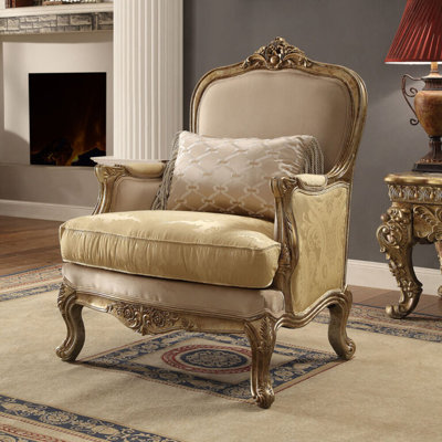 Metallic Bright Gold Carved Wood Chenille Cabriole Leg Traditional Accent Chair