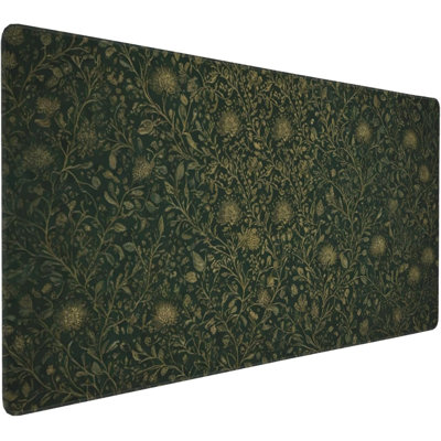 Dark Green Floral Desk Mat Gold Flowers 31.5" x 15.7" Desk Pad - Anti-Slip Stitched Edges Mouse Pad for Women, Office & Home, Extra Big Computer Keyboard Mat for Desktop, Aesthetic Office Decor