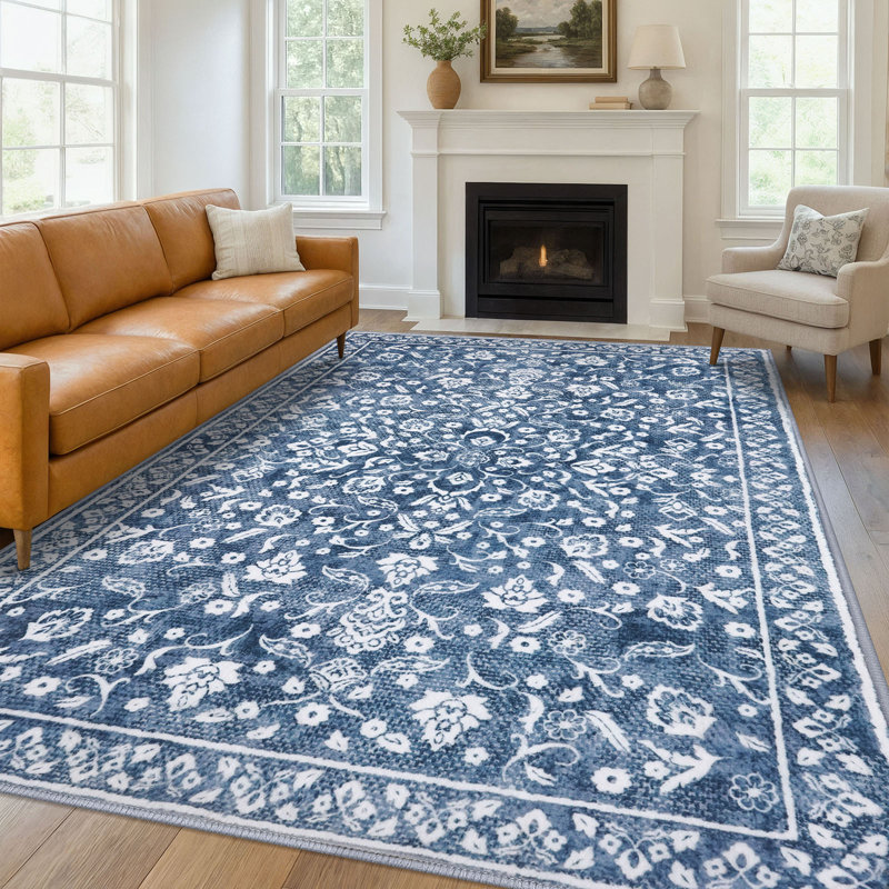Tapis lavables bleus antidérapants pour la chambre à coucher avec tapis en caoutchouc antidérapant, Rectangle 9 pi x 12 pi