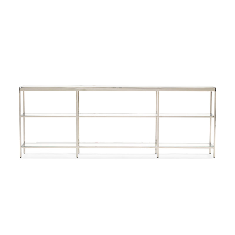 Vienna Low Bookcase W/ Glass Top, Polished Stainless Steel, (3 Shelves) 27"H x 75"W x 10"D