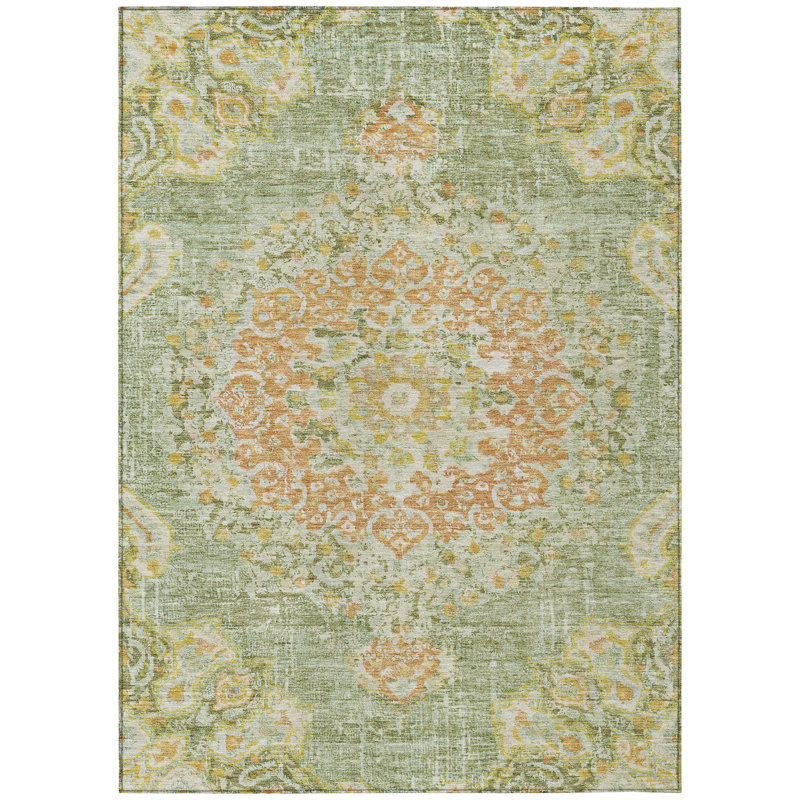 Tapis intérieur lavable à motif de médaillon floral 9 pi x 12 pi vert artichaut