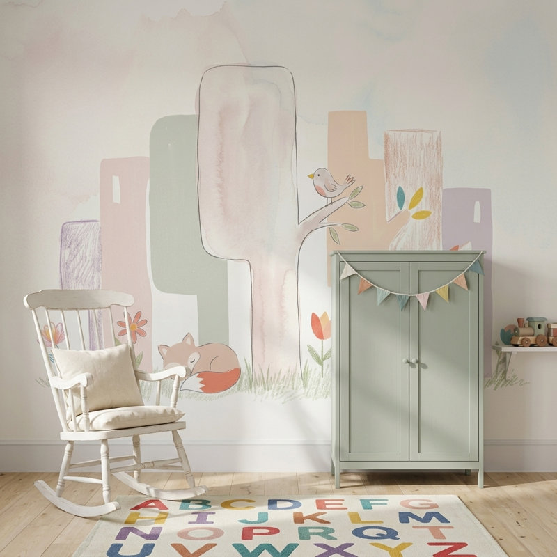 Décoration murale amovible fond blanc pastel Woodland, 140 po x 108 po, Peler et coller