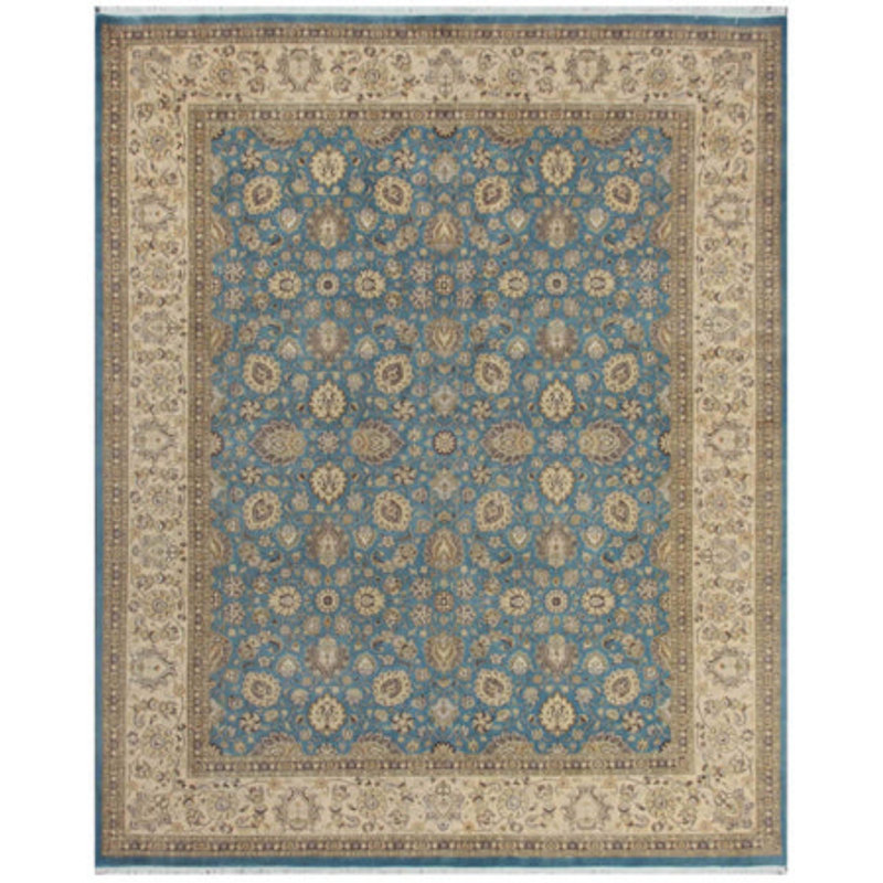 Tapis oriental ivoire / bleu clair en coton et laine noué à la main 8 pi 4 po x 10 pi 3 po Oriental