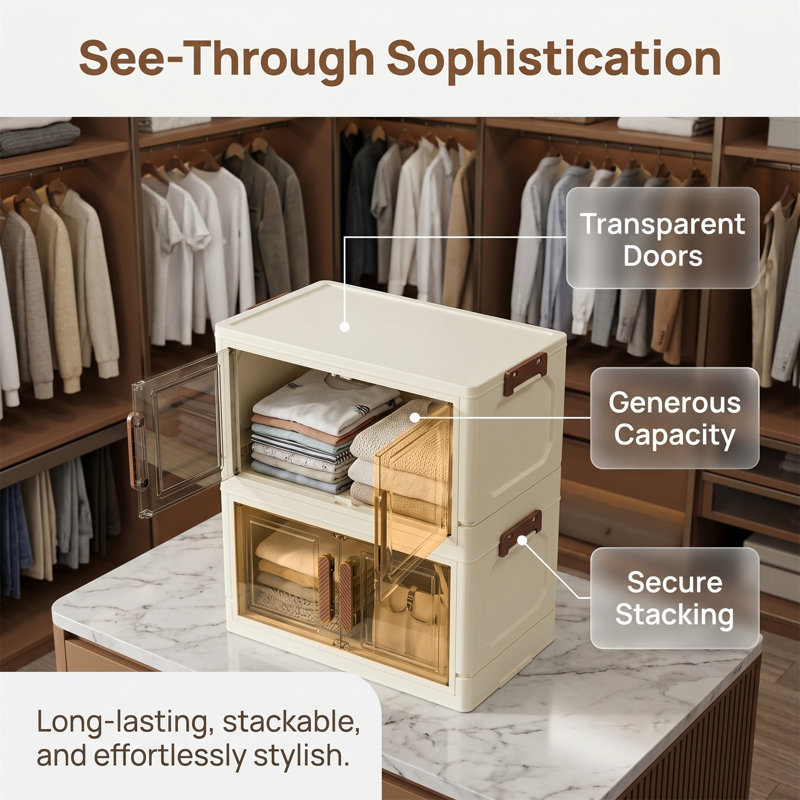 4-tier Storage Cabinets, Foldable and Stackable, Plastic, Beige + Brown, Beige/Brown