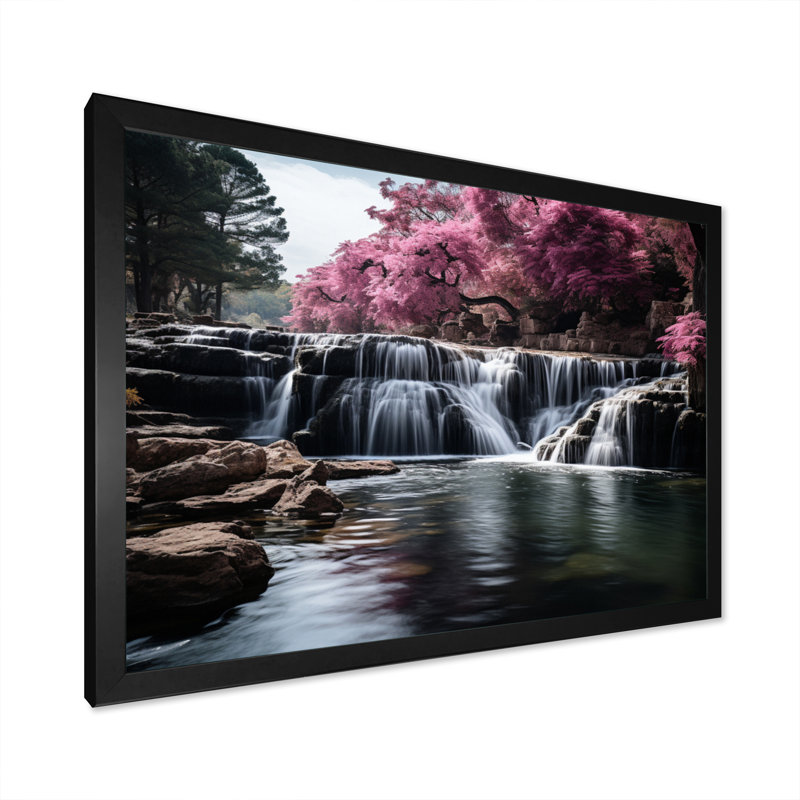 «Brhianna Pink Grey Waterfall Mute Splendor», reproduction sur toile, Cadre noir, H 16 po x l 32 po x P 1 po