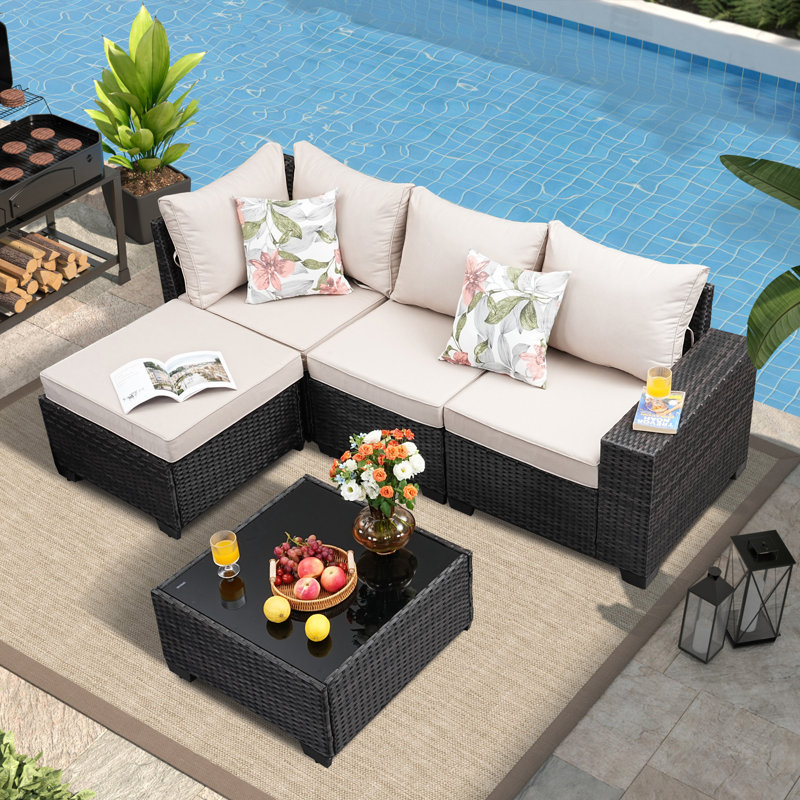 5 Pieces Patio Furniture set, Peacock Outdoor Conversation Sofa Rattan Patio Seating Sofa, Beige