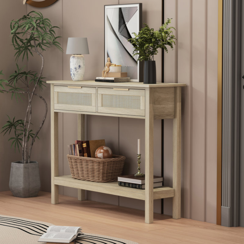 Boho Style Console Table with 2 Rattan Drawer and Bottom Storage Shelf