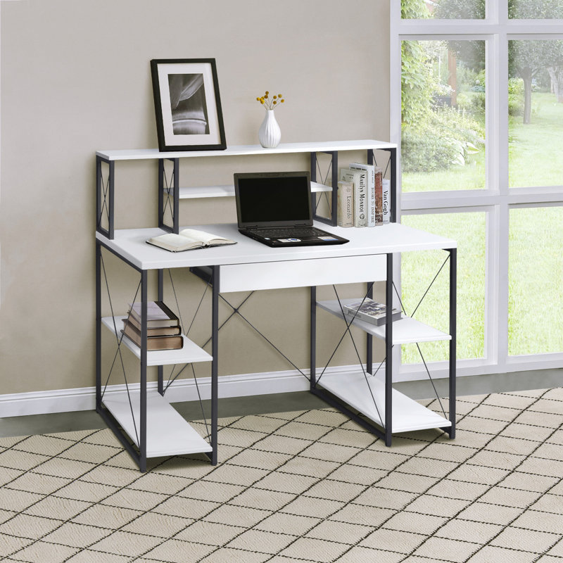  Bureau avec tablettes ouvertes et huche, Blanc