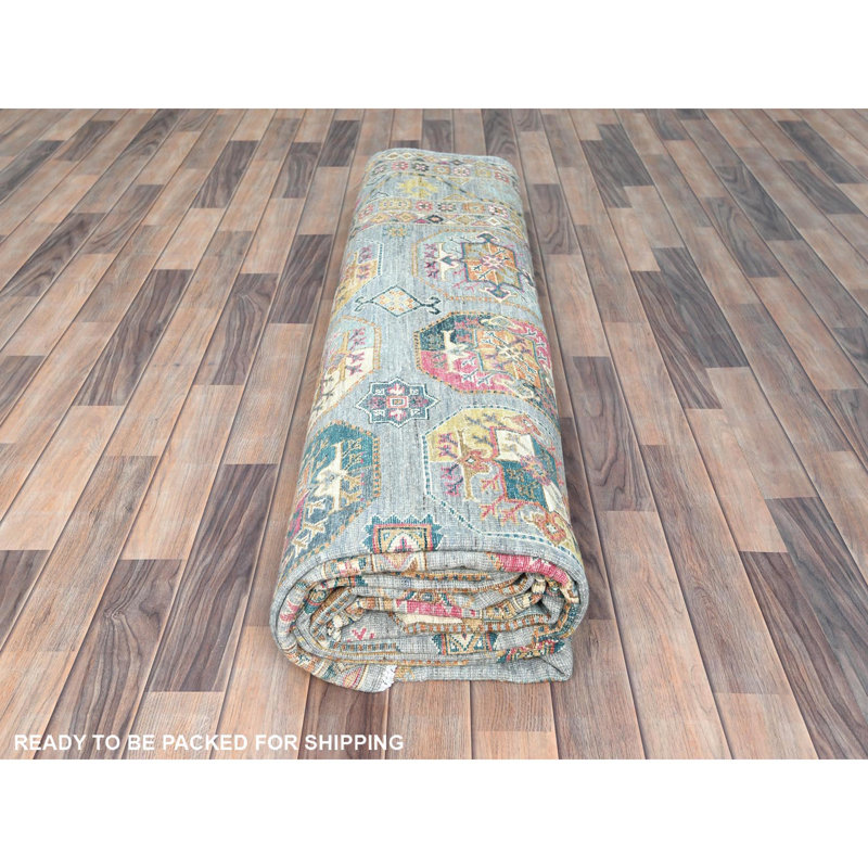Tapis en laine noué à la main 9 pi 9 po x 14 pi 1 po Super Kazak bleu argenté 45F48200E68B47A6A4F58B55C794BC2B