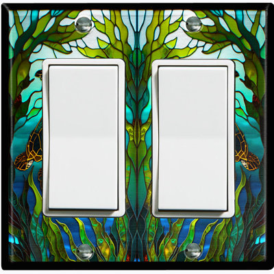 Metal Light Switch Plate Outlet Cover (Cute Turtle Glass Art Print - Double Rocker)