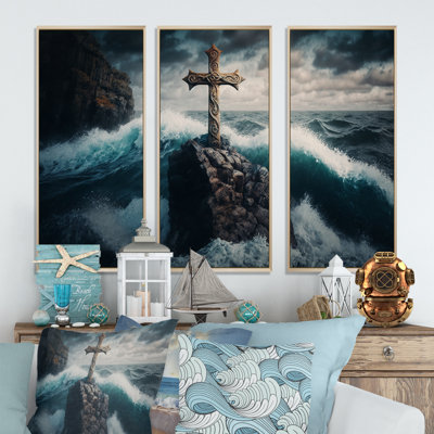 " Religious Cross In The Ocean Breaking Waves II " 3 Piece Art Mixed Media Print