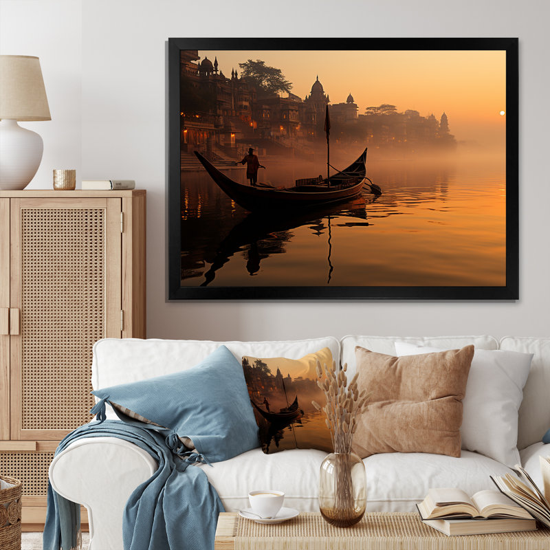 L'hindouisme Varanasi révérence sur toile, Encadrement doré, H 16 po x l 32 po