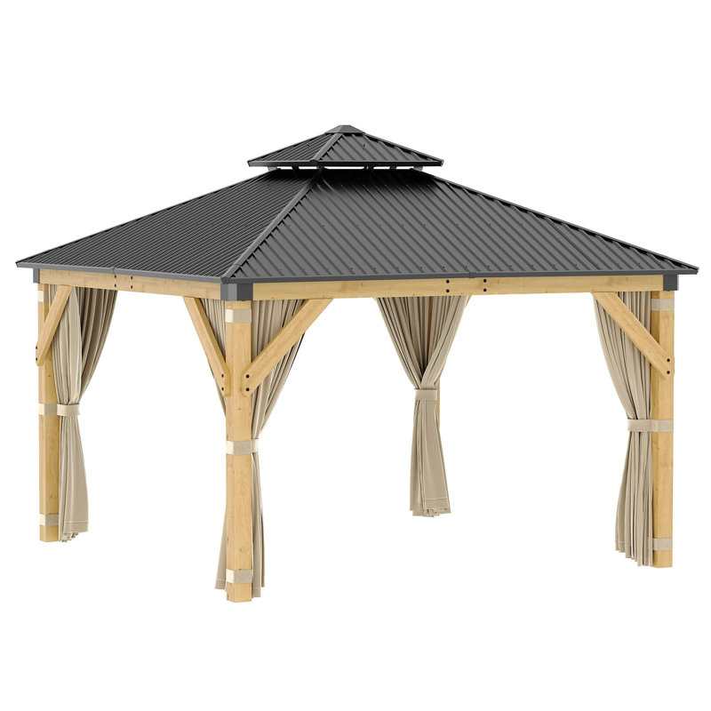 Pavillon de jardin 12 po x 12 pi avec filet et rideaux, pavillon de jardin en acier galvanisé à double toit