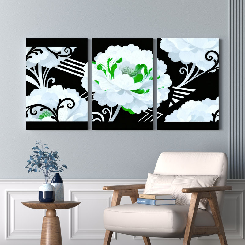 Motif floral blanc blanc avec accents verts et motif de volutes noires, impression abstraite moderne (ensemble de 3)