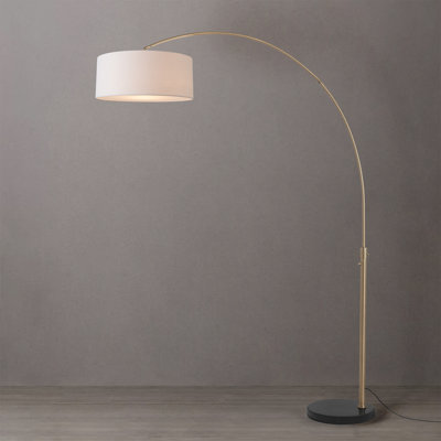 Lampe sur pied Float 92 po - Laiton vieilli, base en marbre noir, abat-jour en lin blanc, à intensité variable, ampoule incluse