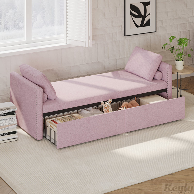 Pink Linen Upholstered Chaise Lounge with Wood Frame