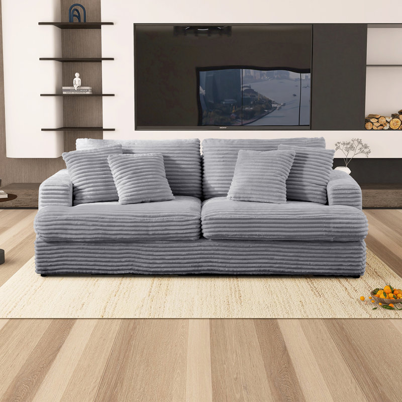 Canapé en velours 3 places avec 4 coussins décoratifs Corduroy, Velours côtelé gris, H 35 po x l 88,58 po x P 35 po