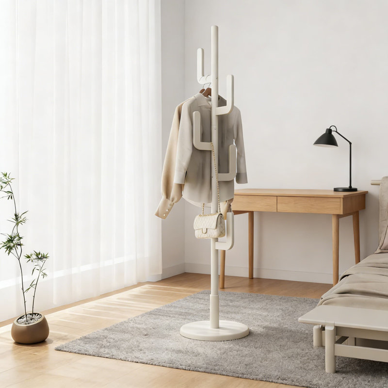 Portemanteau autoportant en bois massif avec 6 crochets en forme de L, hauteur réglable, conception robuste pour l'entrée, la chambre à coucher et le salon