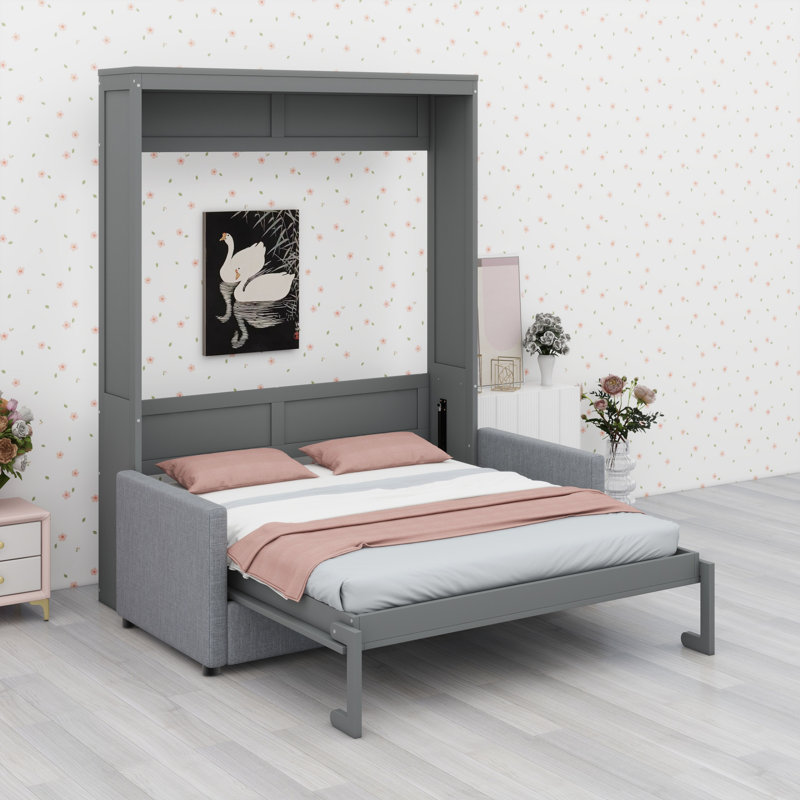 Lit escamotable mural Murphy avec coussin, Gris, Lit double