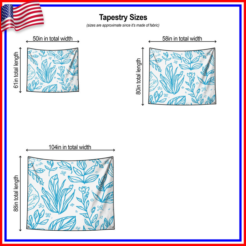 Tapisserie murale «Blue Botanical Line Art» - décoration murale botanique, 50 po H x 60 po L avec 4 œillets
