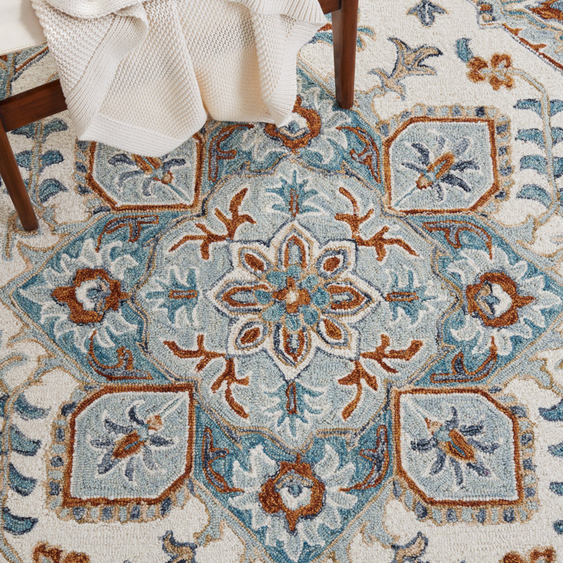 Eduvina Hand Tufted Wool/Cotton/Latex Oriental Rug in Orange/Gray/Blue, Rectangle 4' x 6'