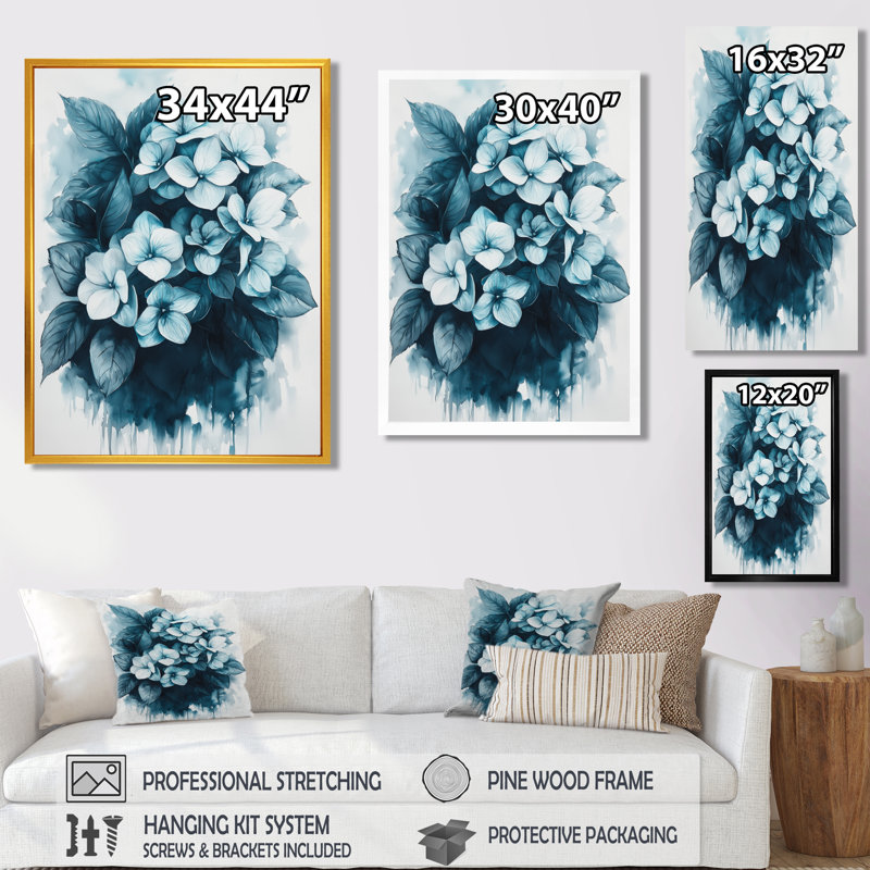 Monochrome Hydrangea Cluster - Hydrangea Wall Art, Black, Floater Framed Print, 20" H x 12" W