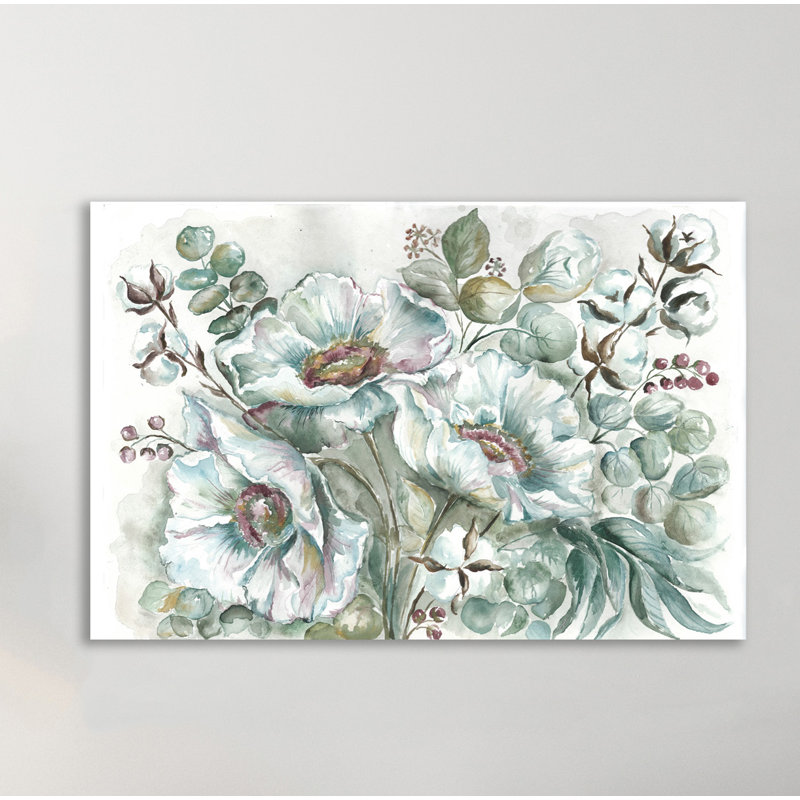 White Poppies And Eucalyptus IV - Wrapped Canvas Print, 25cm H x 38cm W