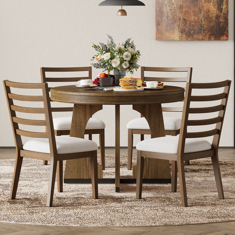 Hervey 5-Piece Retro Rustic Functional Dining Set Unique Geometric Design,Round Table Top with Leaf,dinning table set, Walnut