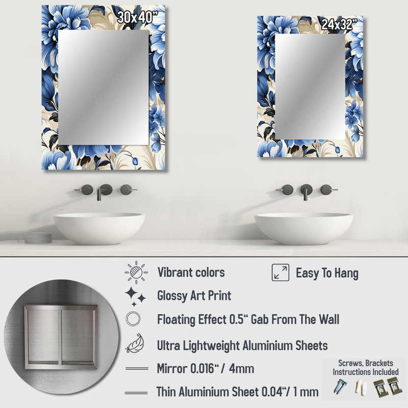 Kinney Victorian Cobalt Blue Filigree Victorian Pattern - Floral Unique Wall Mirror, Floral Mirror, Printed Metal Art