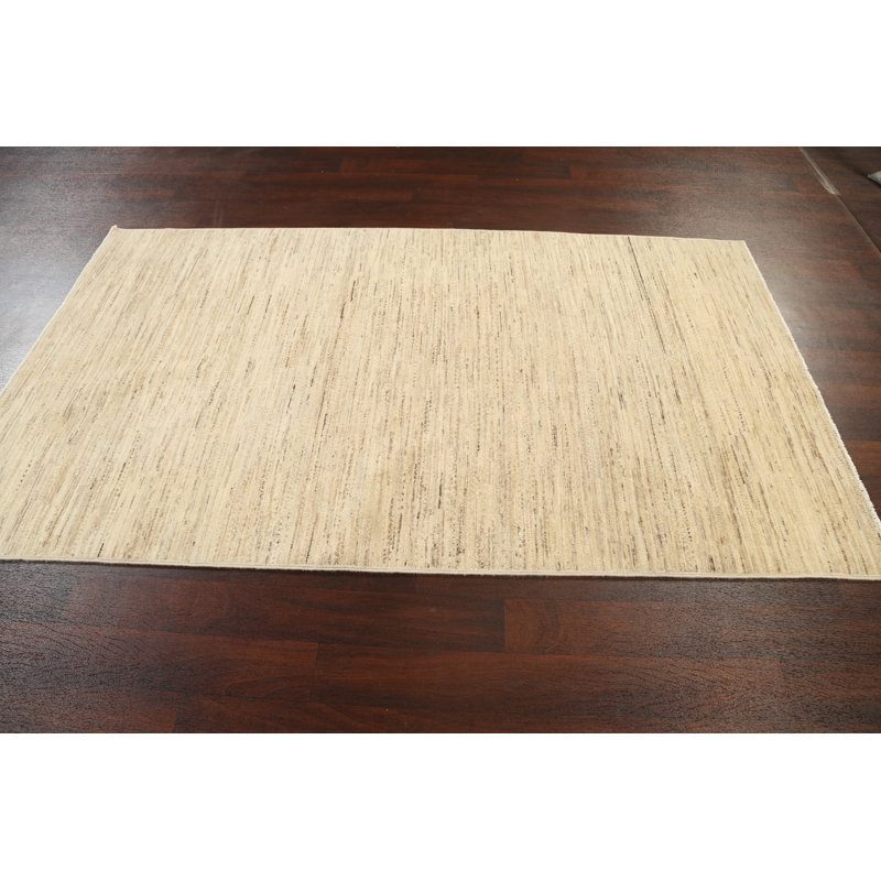 Tapis beige en laine noué à la main de conception unique 4 pi 7 po x 7 pi 11 po New Age