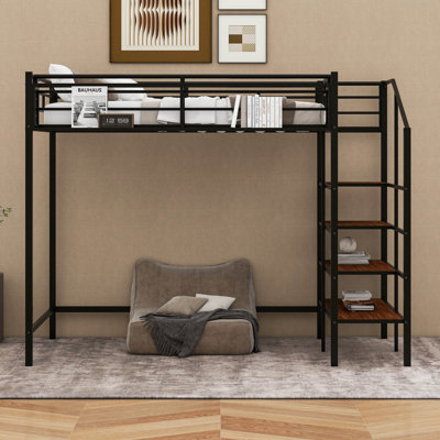 Twin Size Loft Bed With Storage Stairs And Upper Grid Storage Shelf, Metal Twin Loft Bed Frame