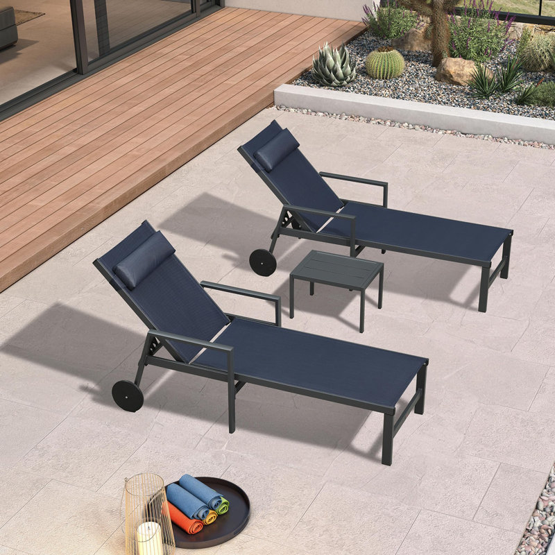 Patio Lounge Chair Set Of 3 Outdoor Chaise Lounger Aluminum Frame With Armrest Side Table And Wheels, Navy Blue