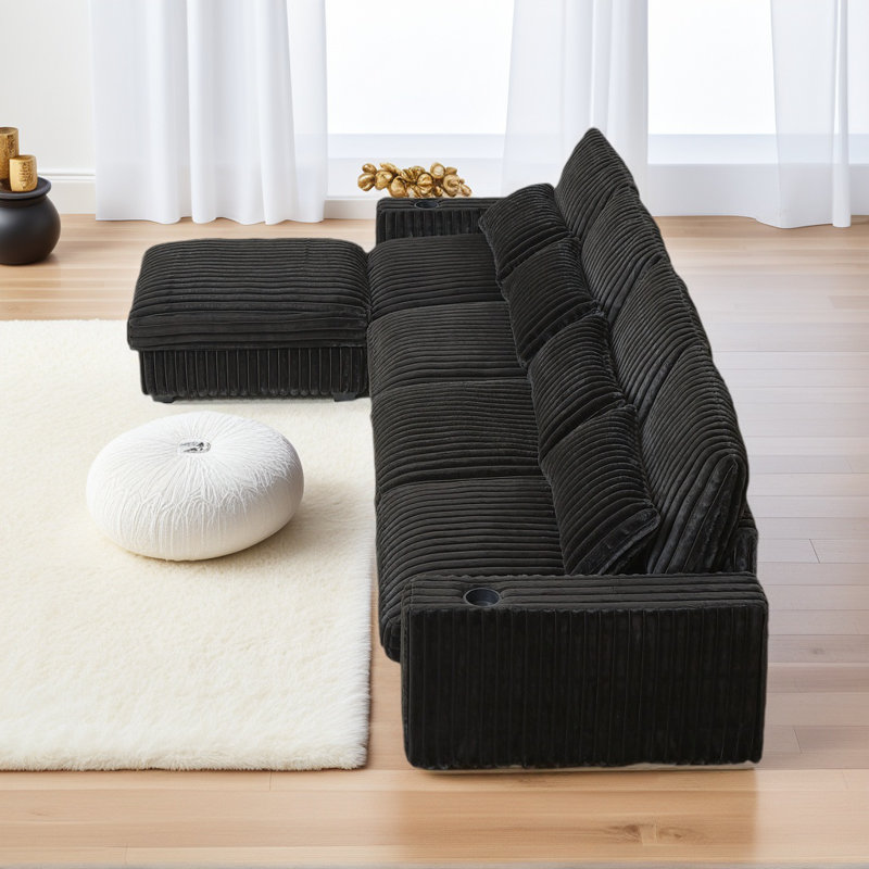 L-Shaped Corduroy Modular Sectional Sofa Couch with Movable Ottoman, Black Corduroy