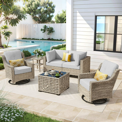 6-Piece Outdoor Patio Furniture Set, All - Weather Wicker Swivel Chairs with Thick Padded Cushions, Love Seat & Coffee Table for Garden, Backyard & Poolside