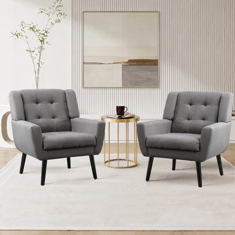 Ensemble de 2 fauteuils capitonnés rembourrés à dossier large, Mélange de lin gris clair