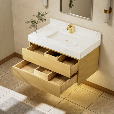 36 po L 20,8 po P 21,2 po Meuble-lavabo mural en H en bouleau avec plateau en marbre blanc H