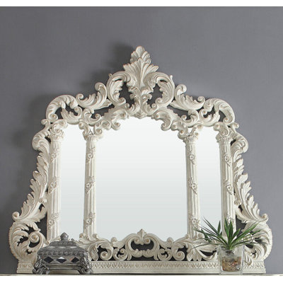 Hand Carved Decorative Wall Mirror in Ivory and Gold Finish