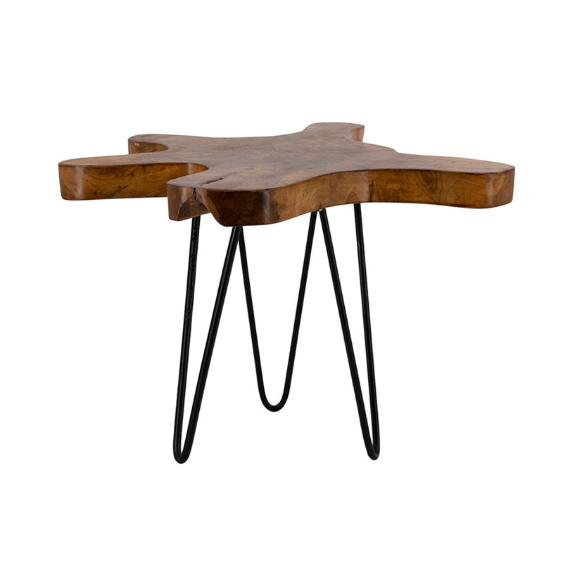 Table d'appoint en teck recyclé de 15,5 pouces avec bord naturel et pieds en épingle à cheveux en fer