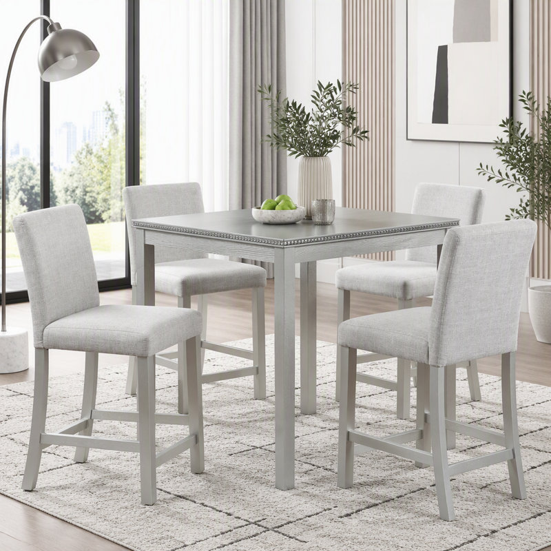 Table carrée à hauteur de comptoir 34,5 pouces avec détails en cristal, Silver grey