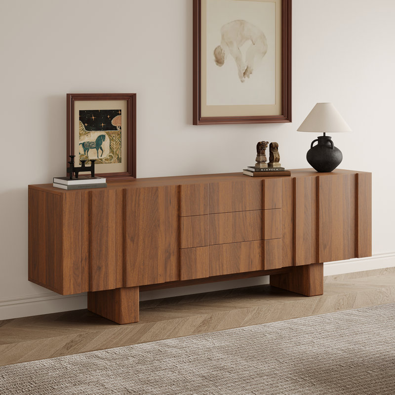 Mid-Century Modern 71" Walnut TV Stand with Storage, Retro Media Console with Drawers & Cabinets for Living Room, Brown