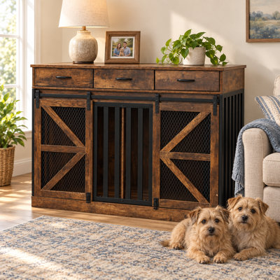 48'' Dog Crate Furniture With Divider&Storage Drawers, Wooden Double Dog Kennel Furniture End Table With Sliding Barn Doors, White Double Dog Crate TV Stand,Brown