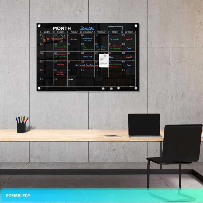 Black 24”x36” Magnetic Glass Whiteboard Calendar Planner